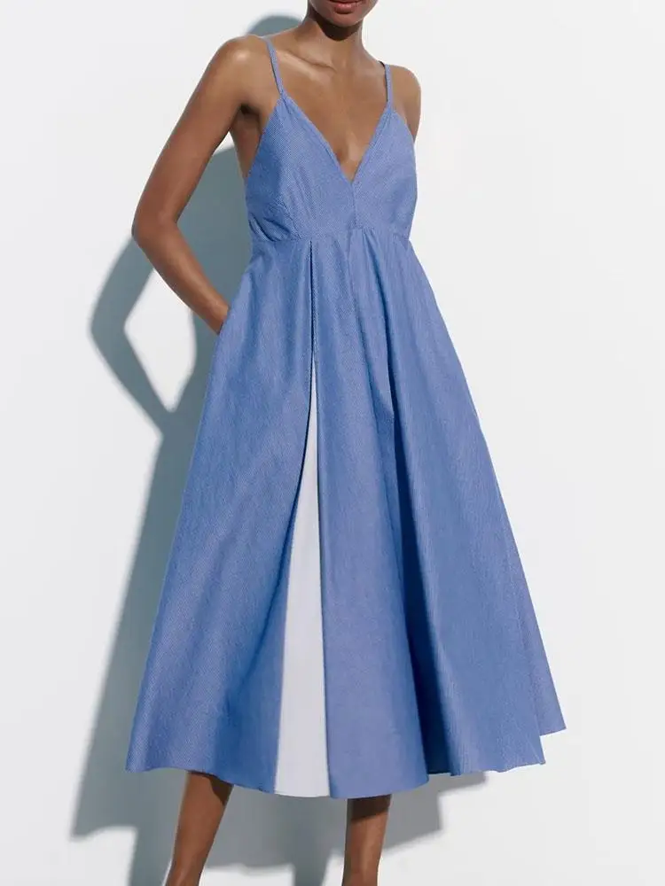 

Fashion Women Striped Mid-calf Camisole Dress 2023 Summer Elegant V-neck Party Backless Vestidos A-line Sleeveless Dress