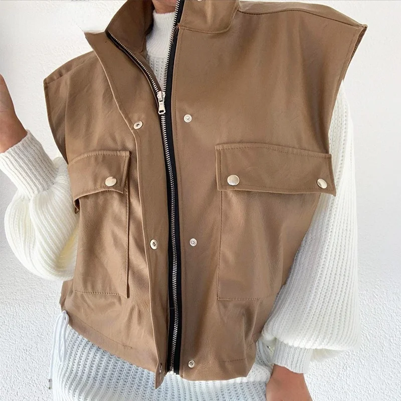 Sleeveless 2021 PU Leather Jacket Vest Women Black Zipper Autumn Winter Khaki Pocket Short Loose Waistcoat Leather Casual Coat