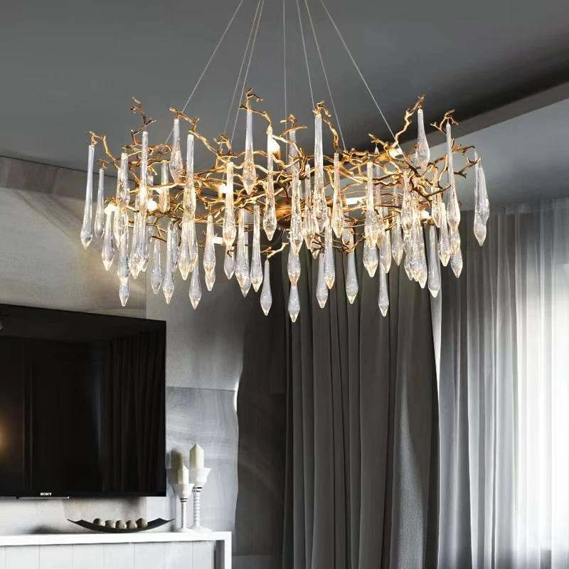 

Retro Copper Crystal Chandelier for Living Room Bedroom Vintage Hanging Lamp Creative Tree Branches Lighting Fixture Home Decor