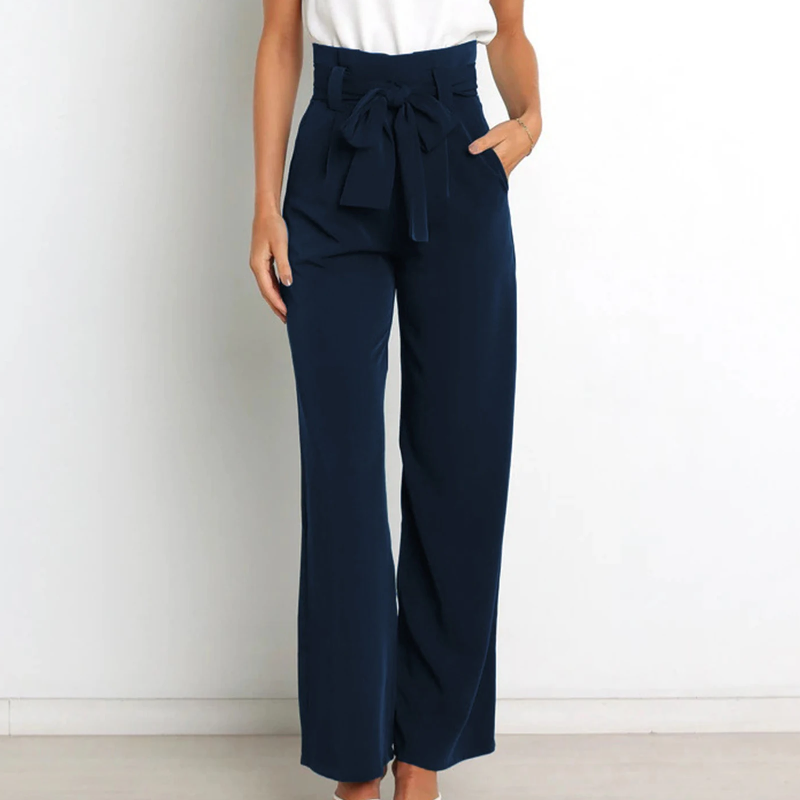 

Однотонные широкие брюки из полиэстера с бантом, повседневные мешковатые брюки с завышенной талией, рабочие брюки, повседневная одежда