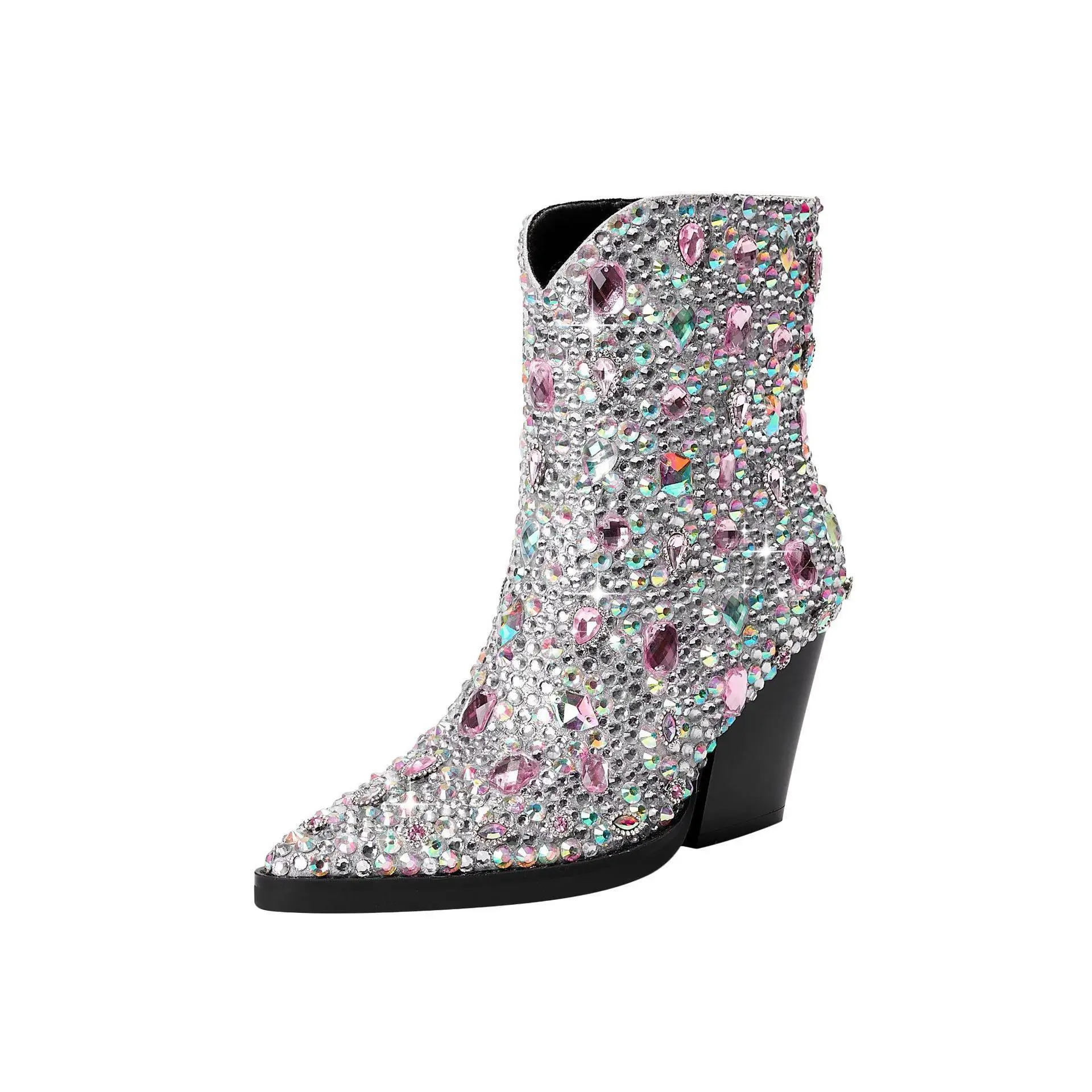 2024 новые женские ботильоны с острым носком и стразами ковбойские ботинки в