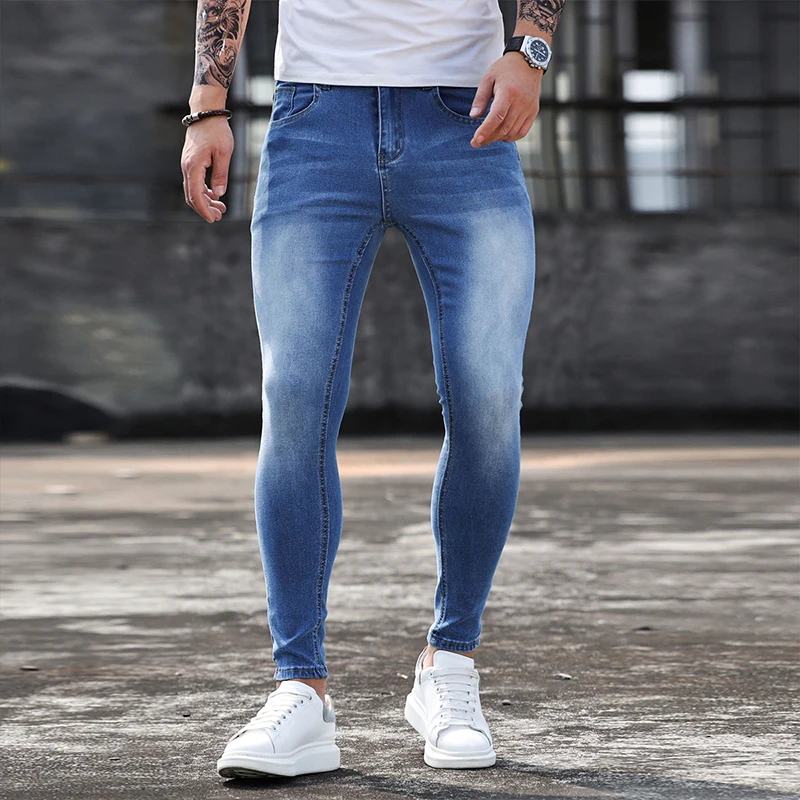 Summer Fashion Men Jeans Slim Shape Blue Elastic Solid Color Tight Pants Trousers Street Casual Social High-Quality Denim Pants