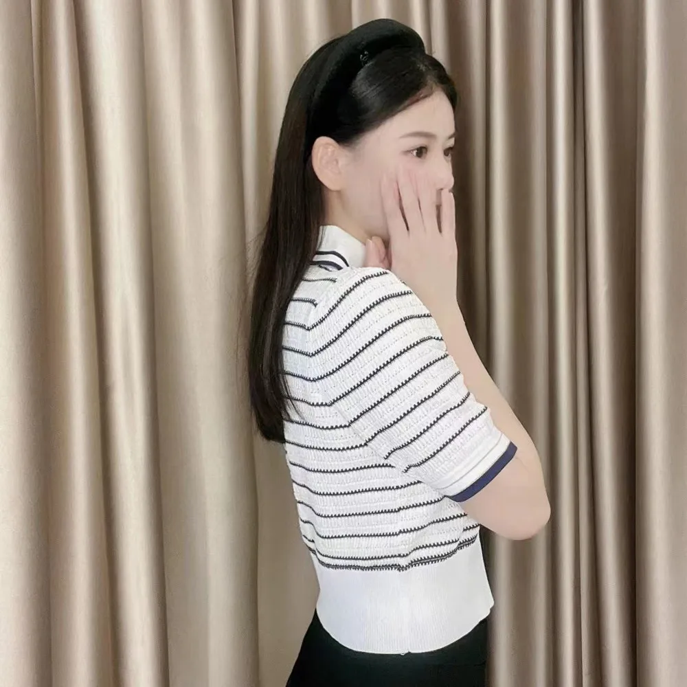 

Light luxury women's 2022 spring and summer new striped short-sleeved lapel knitted pullover sweater, sweet temperament