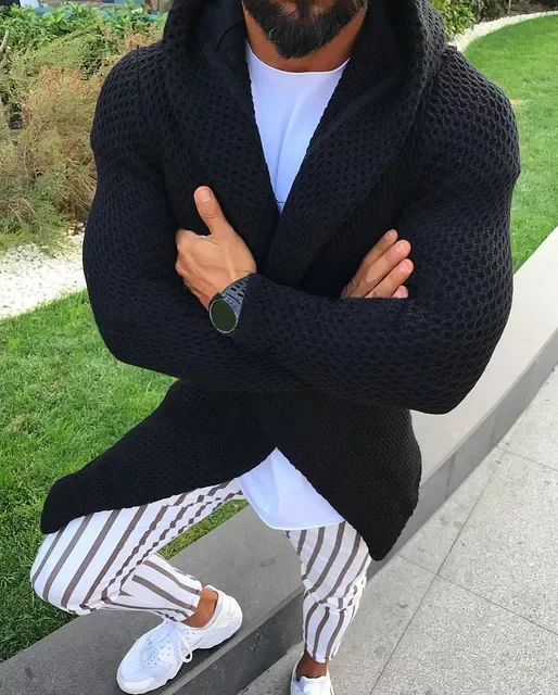 

New2022 New Men's Long Hooded Cardigan Male Autumn Black Green Cardigan Coat Casual Solid Color Sweaters Outerwear S-3XL