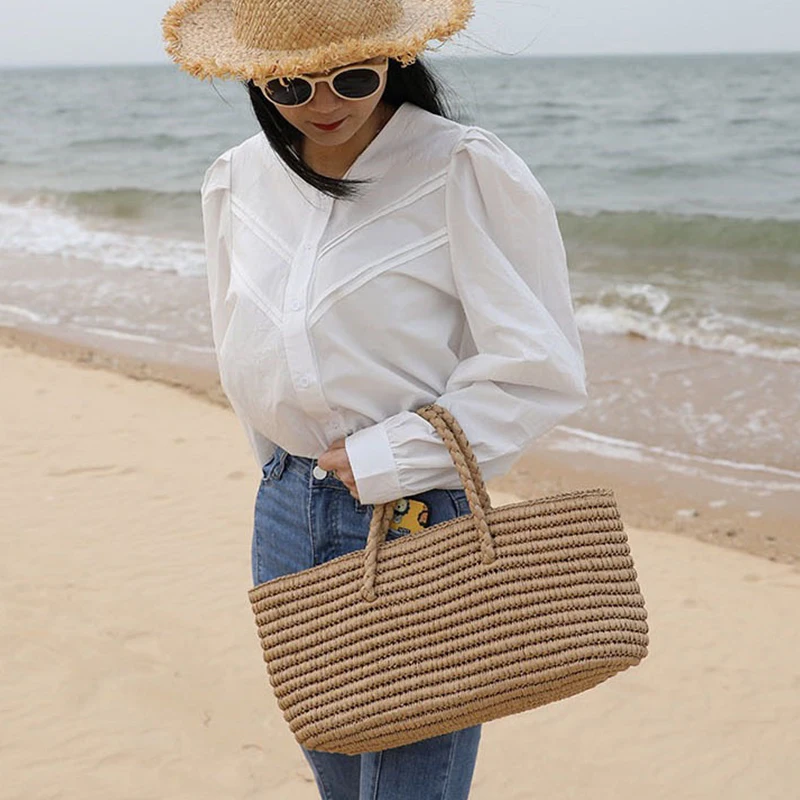 Large Size Girls Casual Tote Bag Fashion Summer Holiday Straw Beach Handbags Trendy Shoulder Sea Bag For Female