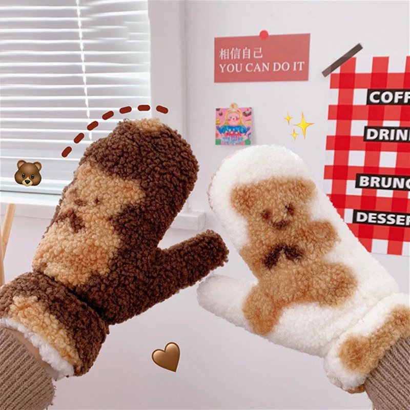 

Bear Print Soft Plush Gloves Women Winter Warm Thick Fingerless Mittens Girls Students Outdoor Warmer Hand Guards Christmas Gift