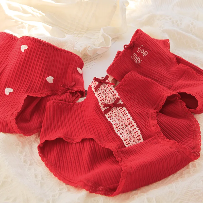 

M-XL Red Underwear Women's Cotton Panties Sexy Lace Underpants Girl's Comfort Lovely Briefs Woman Underwear Female Bow Shorts