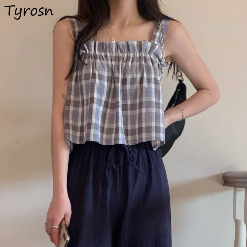 

Женская клетчатая майка с оборками, Повседневная укороченная простая летняя универсальная сексуальная одежда в стиле ретро, Ulzzang