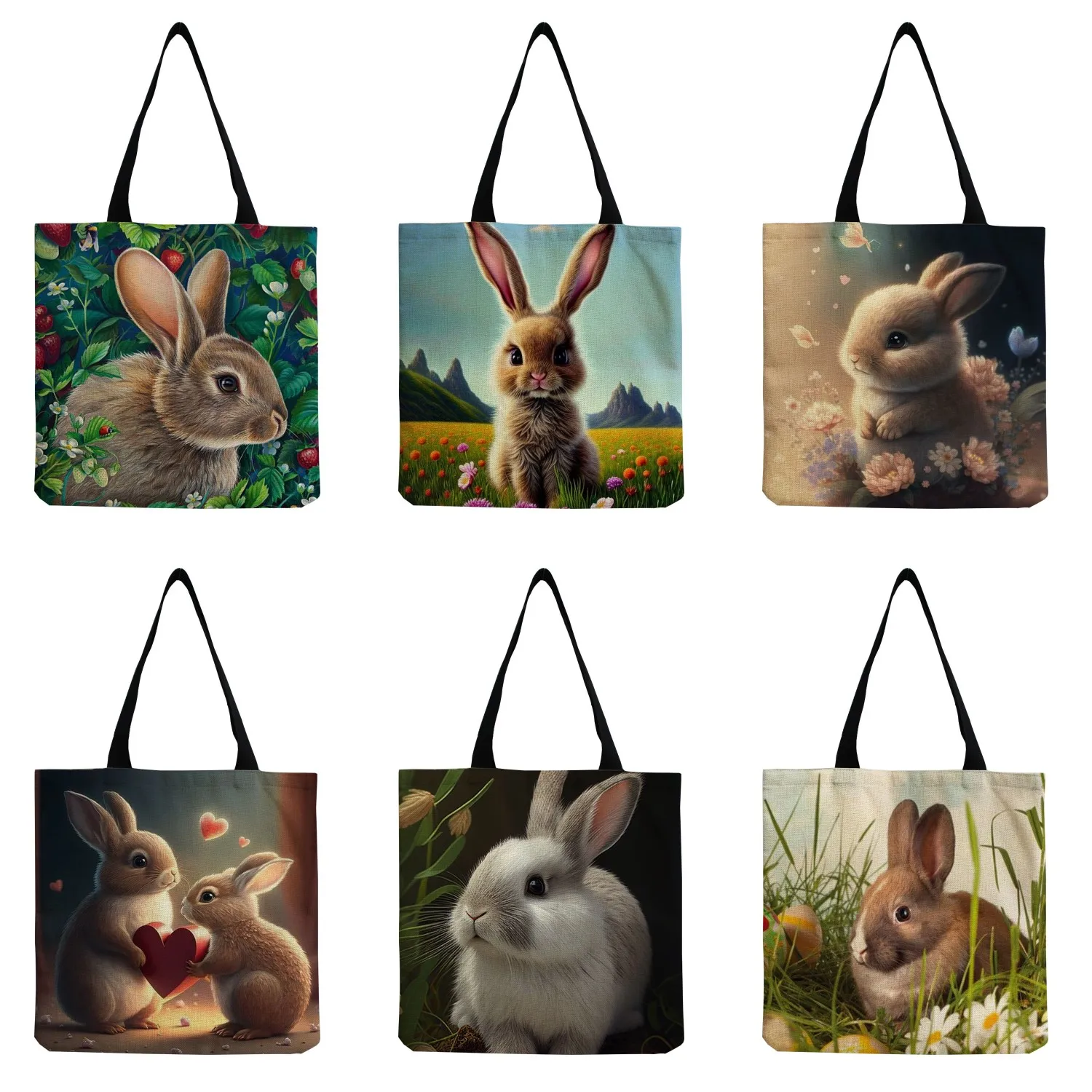 

Cute Animal Pattern Shopping Bag Cartoon Rabbit Printed Handbags Custom Foldable Women Shoulder Bag Eco Reusable High Capacity