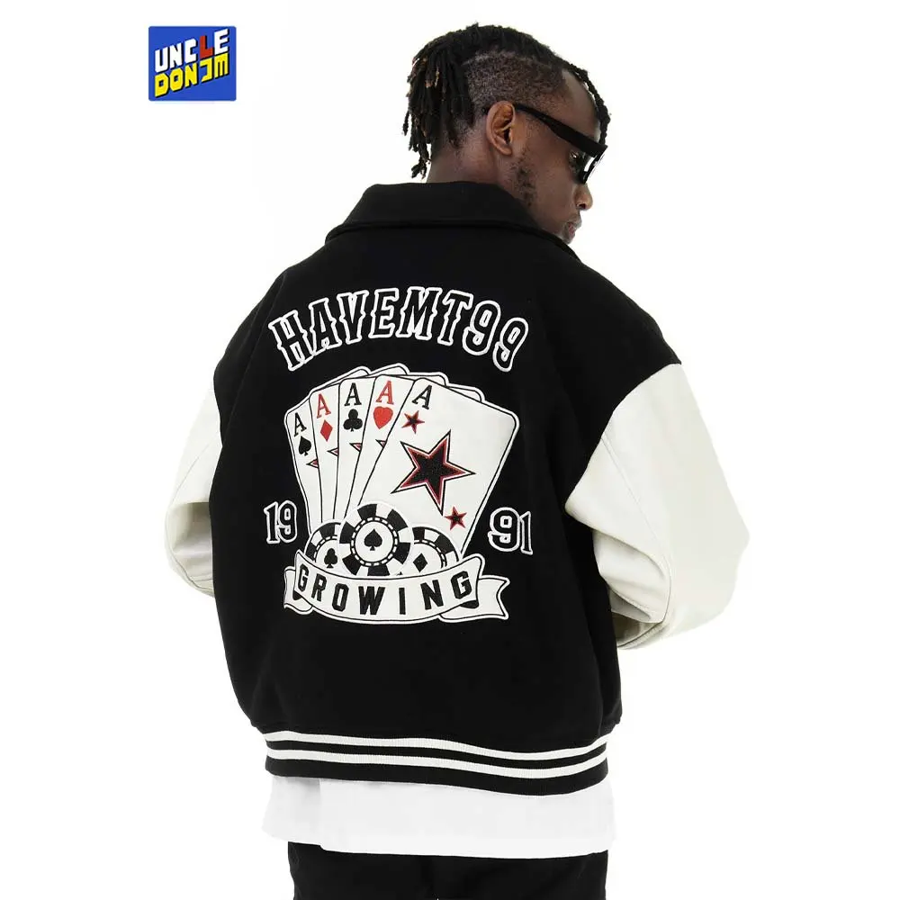 Poker embroidery varsity jacket Antique PU leather baseball uniform High street  bomber jacket  men clothing y2k Cotton Coats