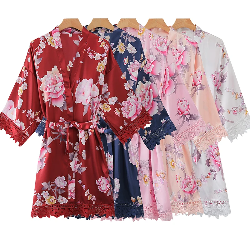 Plus Size Women Silk Satin Floral Lace Trim Robe Wedding Bridal Bridesmaid Robes Robes for Women Sleepwear Night Long Robe