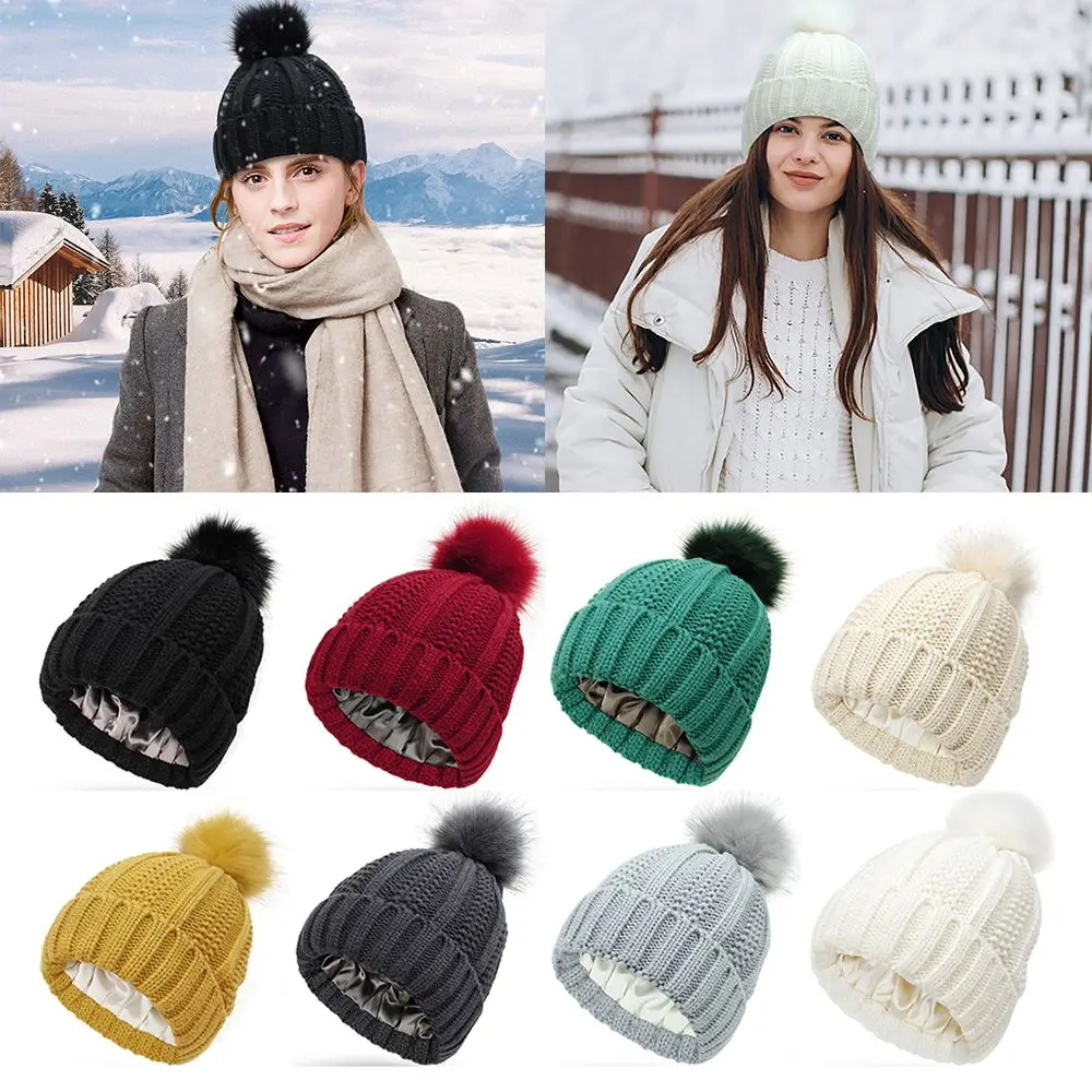 

Warm Stretchy Satin Lined Soft Winter Beanie Hat Faux Fur Pom Pom Hat Beanie Hat for Women Knit Hats