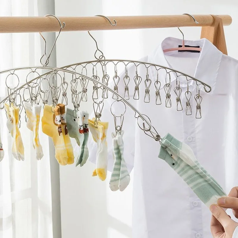 20Pegs Stainless Steel Clothes Drying Hanger Windproof Clothing Rack 20 Clips Sock Laundry Airer Hanger Underwear Socks Holder