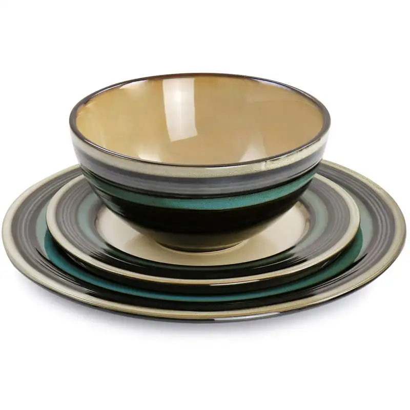 

2023 New 12 Piece Stoneware Dinnerware Set in Teal Dinnerware Set Kitchen Accessories Dining Table Set Plates and Bowls and Dish