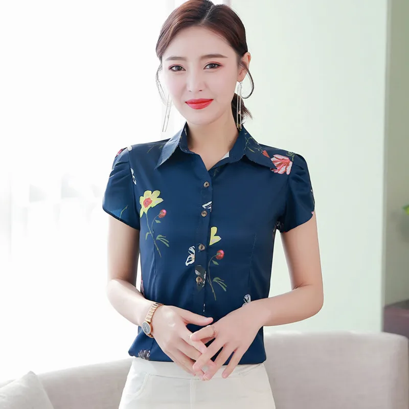 F60  Korean Chiffon Women Shirts Woman Print Shirt Plus Size Woman Short Sleeve Blouse  Mujer De Moda Blusas Femininas Elegante