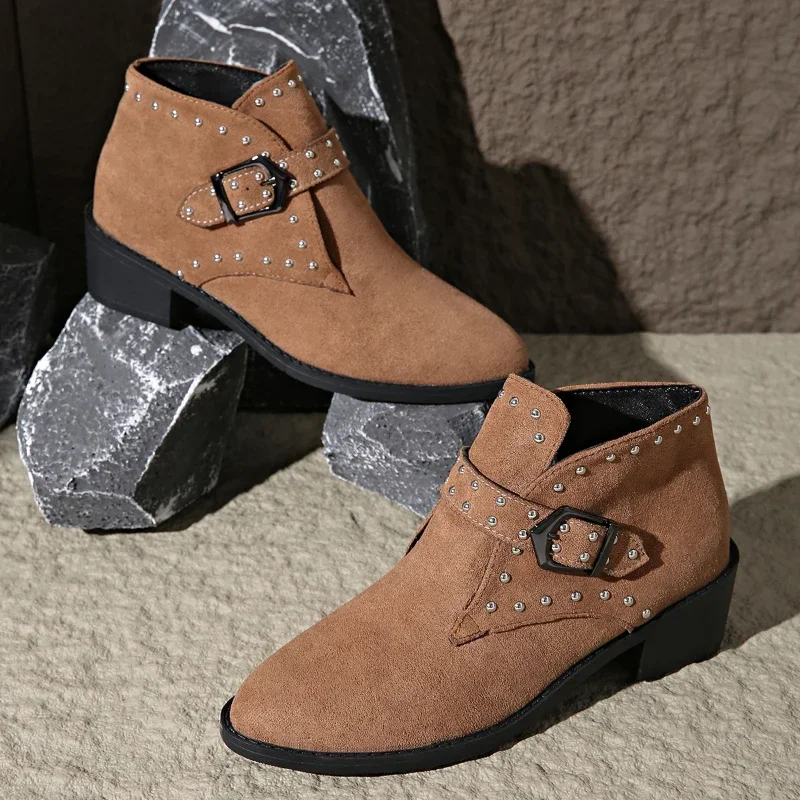 New Winter Brown Pointed Toe Square Heel Comfortable Women's Boots Thick Sole Sexy Elegant Fashion Suede Shoes