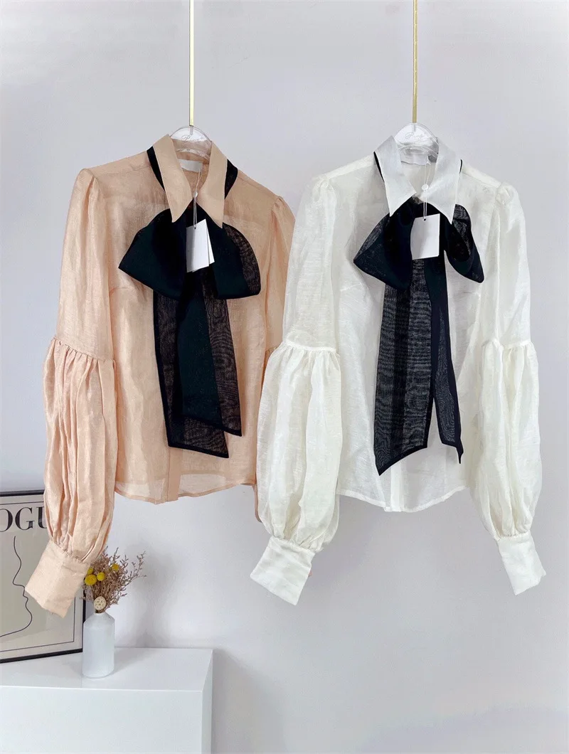 

2022 New Lady Silk Linen Shirt Colour Block Blouse Large Bow Tie Lantern Sleeve Long Sleeve Top