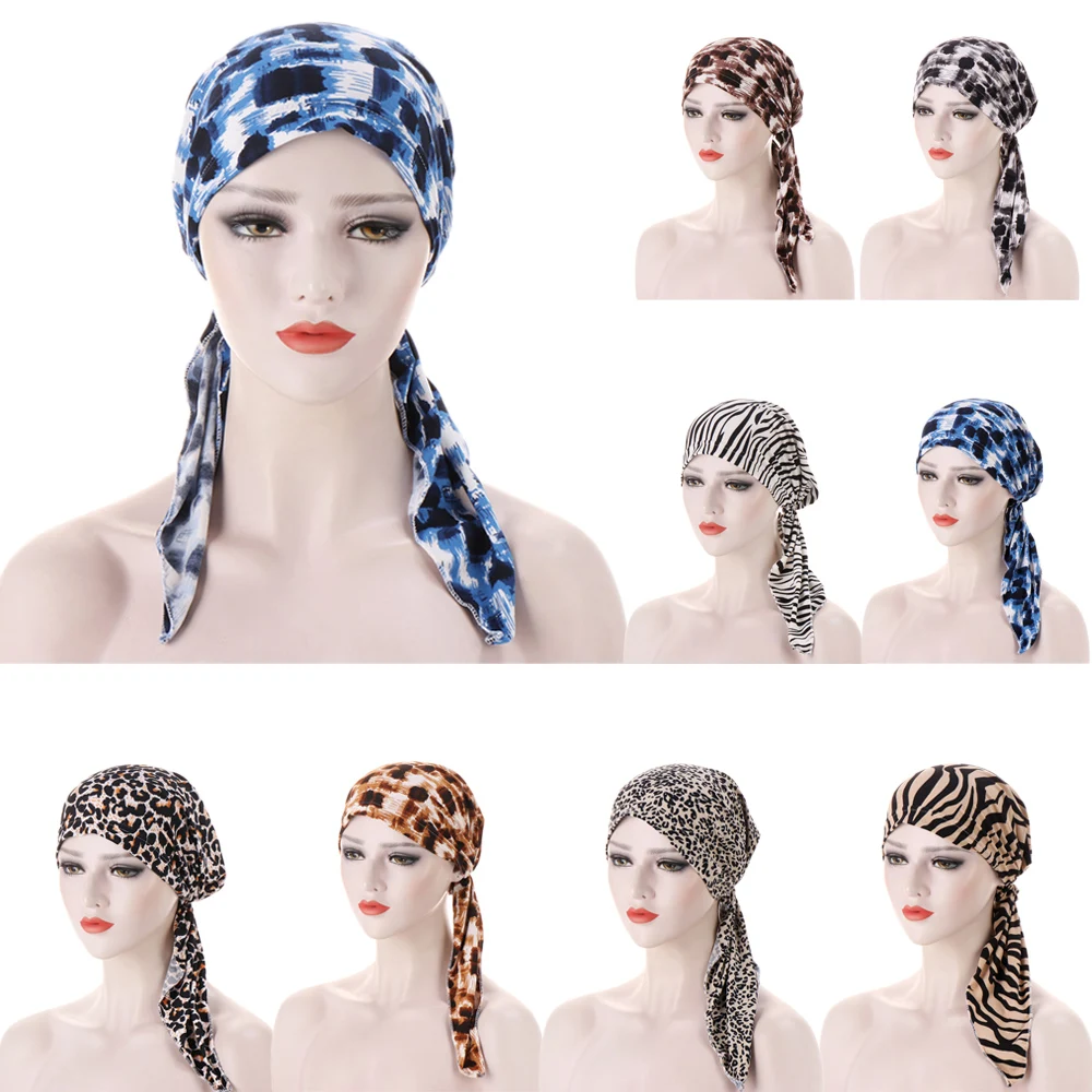 

Newest Leopard Print Turban Elastic Long Tail Pre-Tied Hat Women Muslim Hijab Beanies Bonnet Hair Loss Headscarf Wrap Chemo Cap