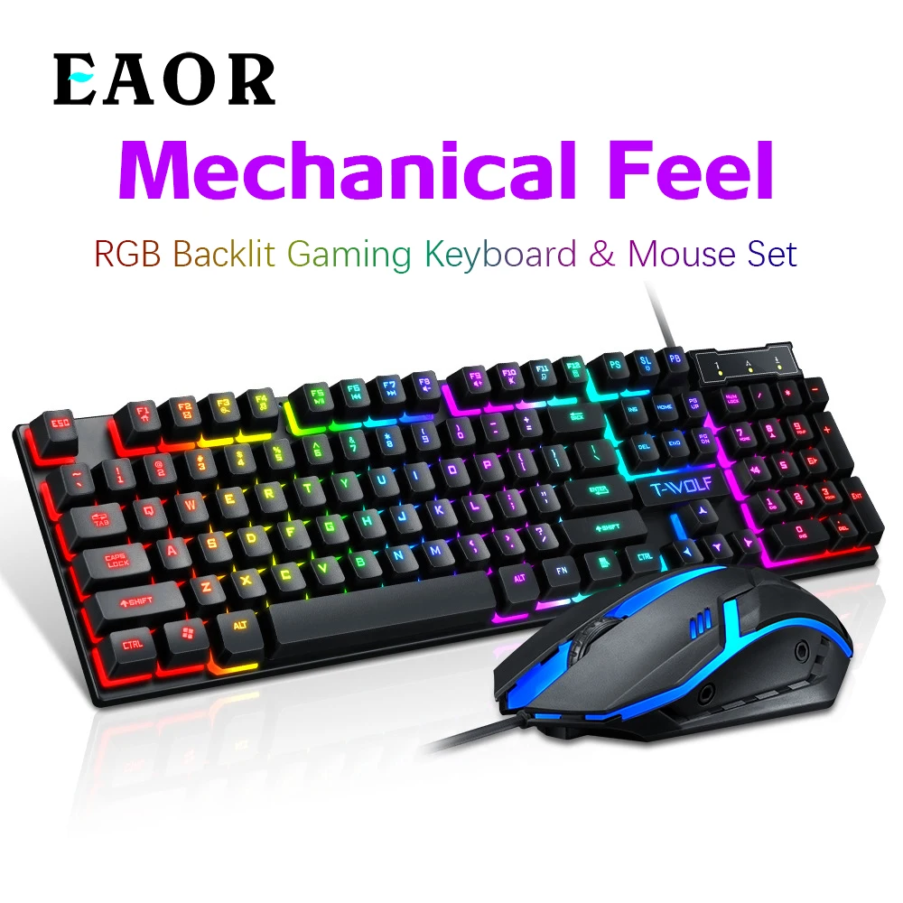 

EAOR Mechanical Feel Gaming Keyboard and Mouse Set 104-Key Spanish Keyboard RGB Wired Keyboard Mouse Combos for Laptop Desktop