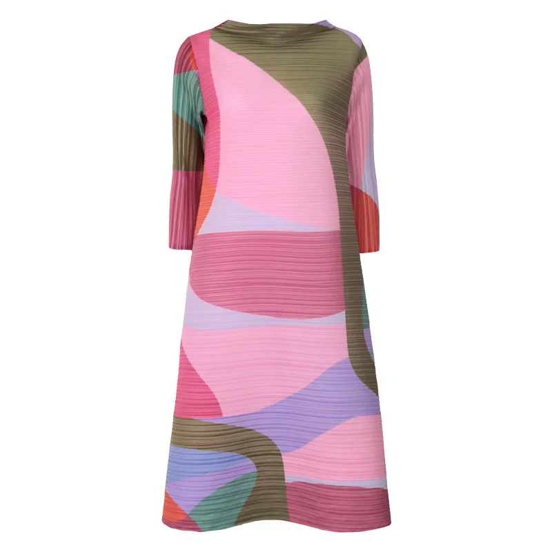 

Fall 2021 new women's stitching printed loose pleated dress one-line collar mid-waist lace-up A-line skirt Pullover Sashes
