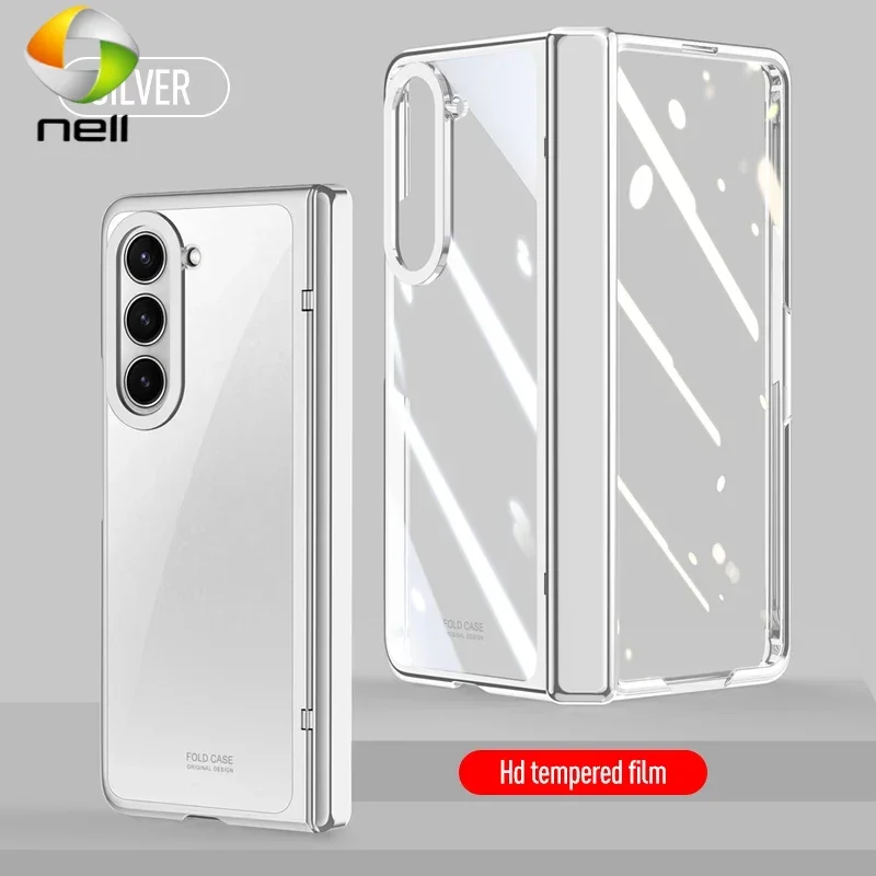 

For Samsung Galaxy Z Fold 5 Case Electroplated Transparent With Tempered Film Folding Hinge Shockproof Protective Hard Cover