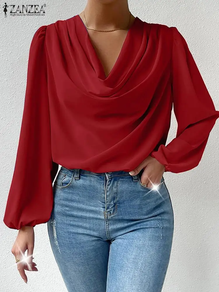 

Spring Solid Shirt For Women Puff Sleeve Satin Blouse ZANZEA Elegant Swing Collar Tops Female Tunic Blusas Party Chemise 2023
