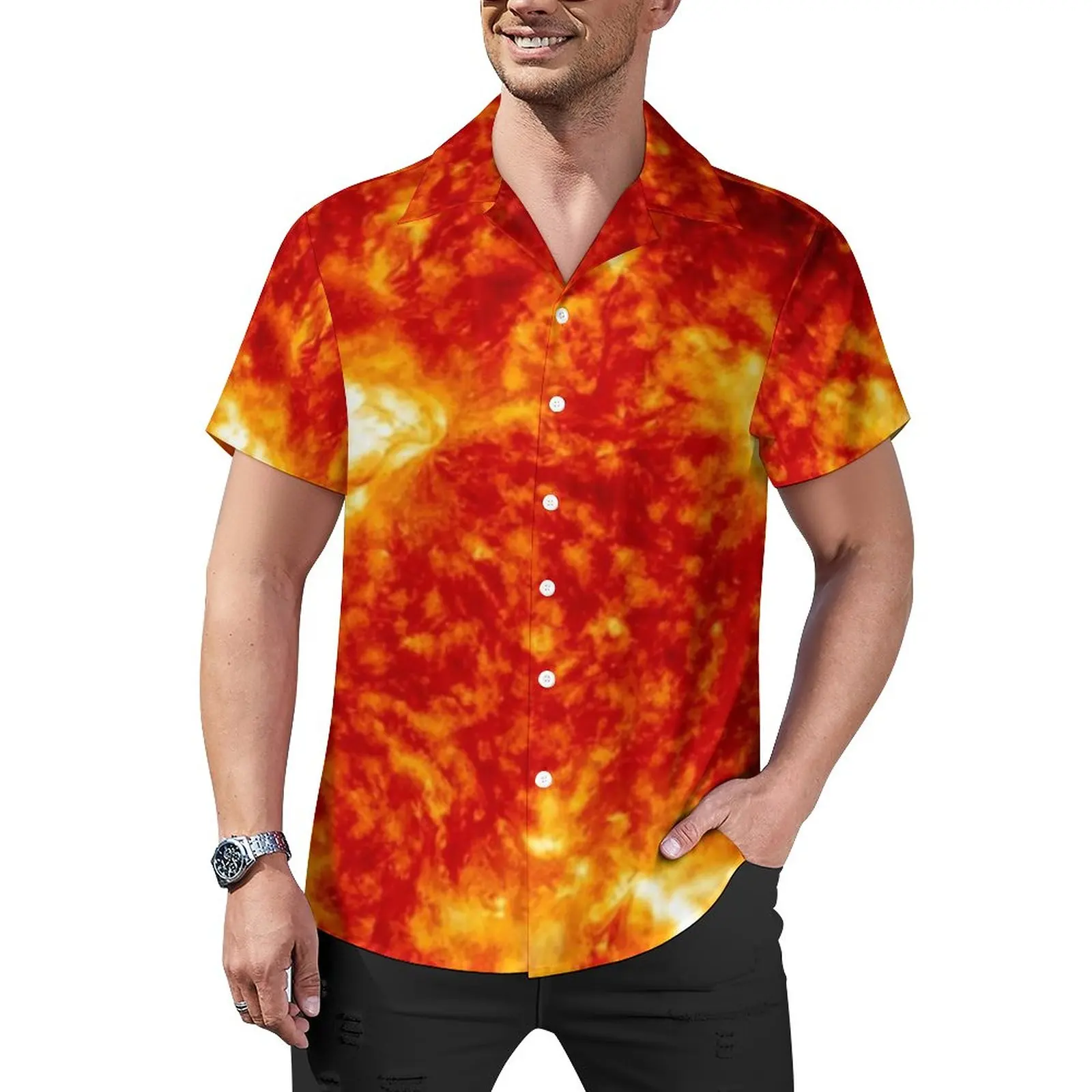 

Sun Print Loose Shirt Male Beach Red And Yellow Casual Shirts Hawaiian Printed Short-Sleeved Street Style Oversized Blouses