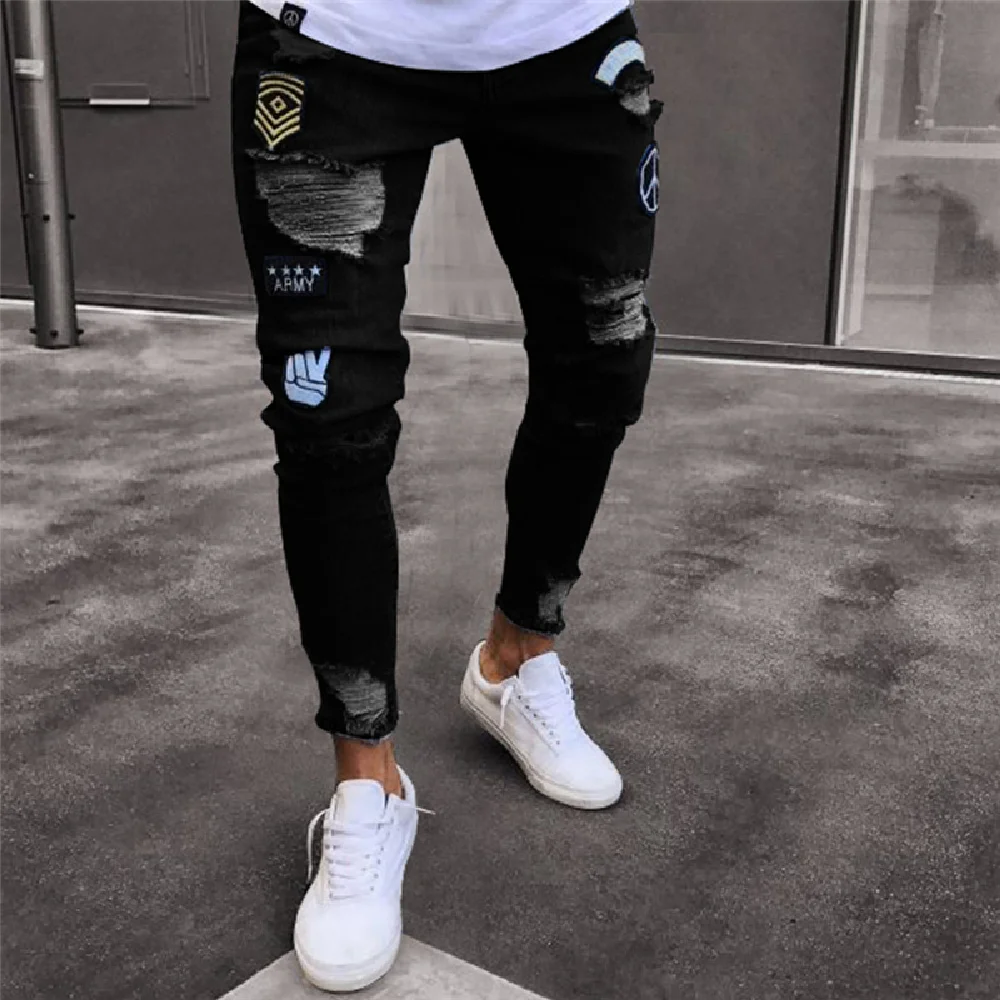 New Brand Men's Fashion Split Jeans Tight Straight Striped Denim Pants Summer Men's Perforated Tights Casual Street Apparel