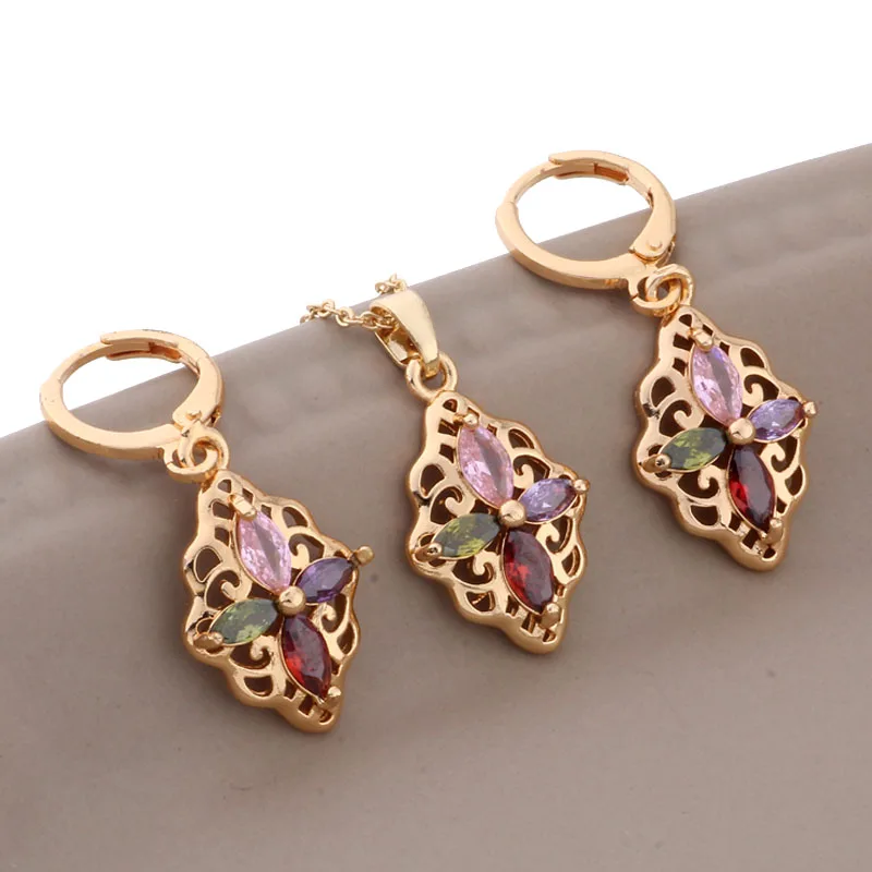 

New Fashion Design Gold Color Unusual Colourful Natural Zircon Dangle Earrings Sets For Women Daily Trendy Jewelry Set