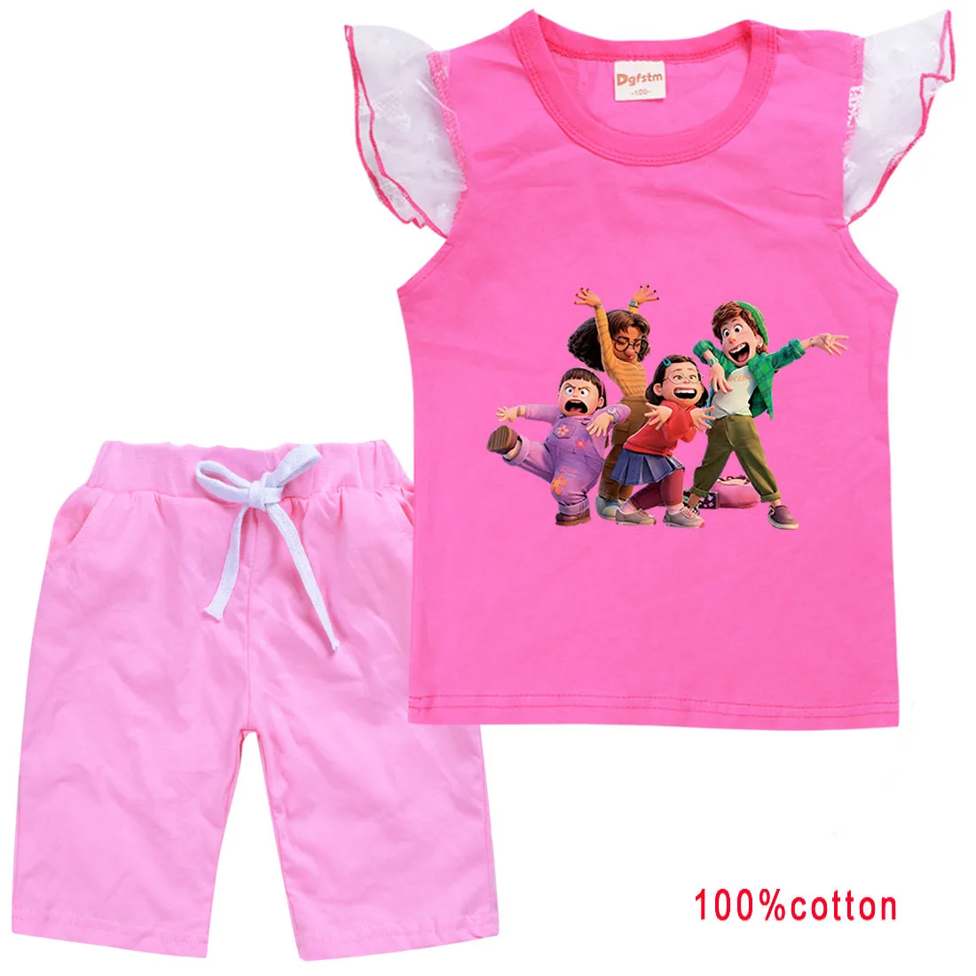 

2022 Disney Turning Red Summer Cartoon T-Shirt + Washed Jeans 2 Piece Tracksuits Toddler Girls Kids Clothes Casual Fashion