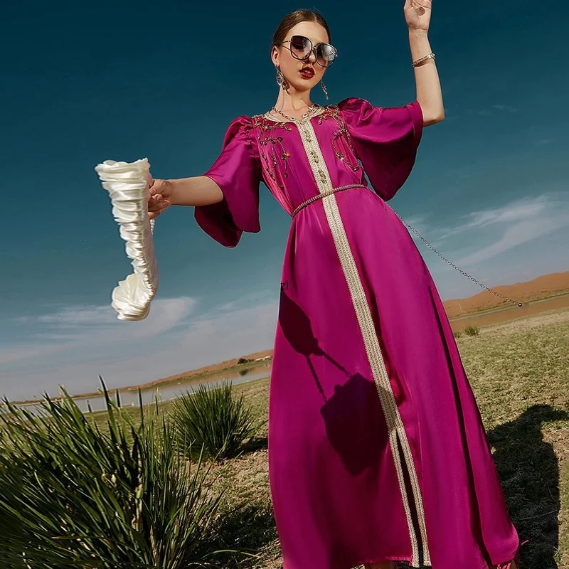 Handcraft Diamond Morocco Kaftan Sfifa Ribbon Braid Arabic Muslim Dress Women Saudi Jalabiya Satin Abaya Dubai Eid Party Evening