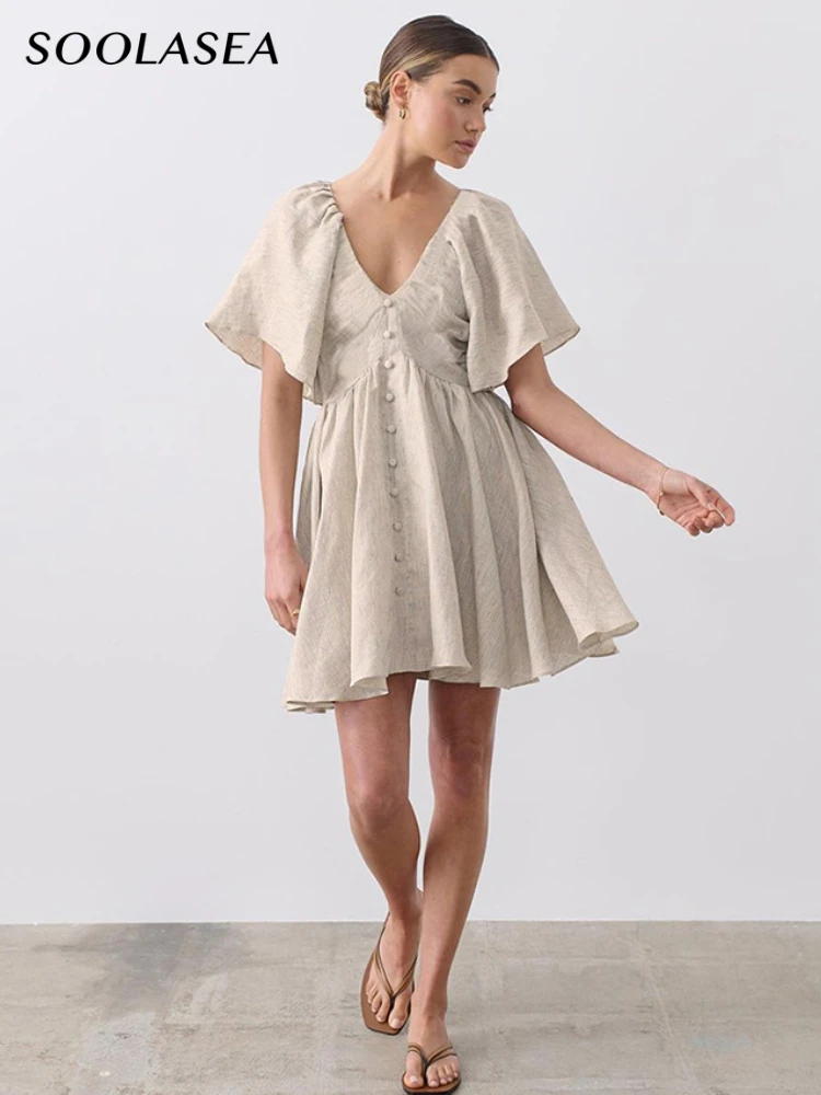 

WildPinky 2022 New Vintage V-neck Flare Sleeves White Mini Dress Summer Women Elegant Solid Dresses Casual Ruched Dress Vestidos