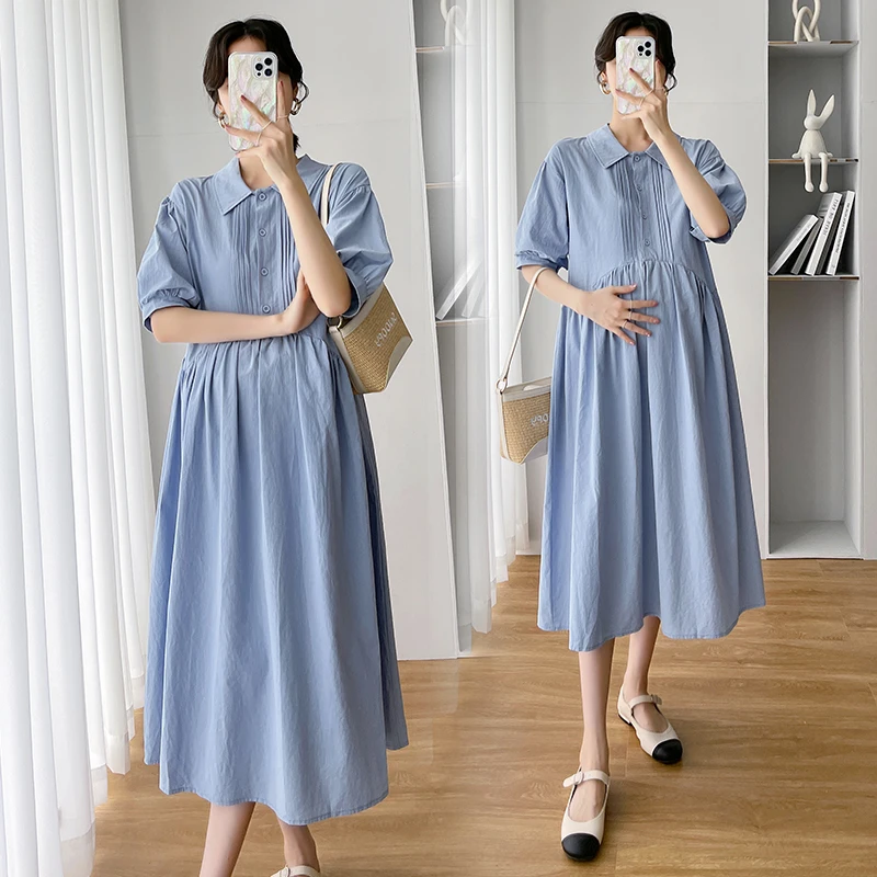 

9635# 2022 Summer Korean Fashion Cotton Maternity Long Dress Elegant A Line Loose Clothes for Pregnant Women OL Formal Pregnancy