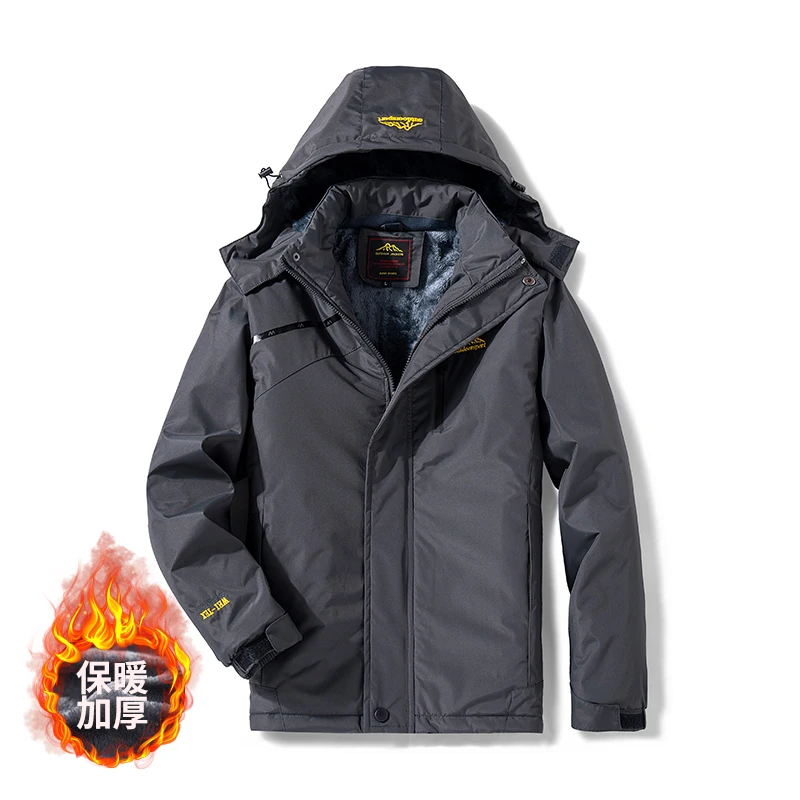 Winter Men Casual Windproof Waterproof Thicken Warm Jacket Men Zipper Hooded Fleece Long Sleeve Jacket Solid Color Parka Men