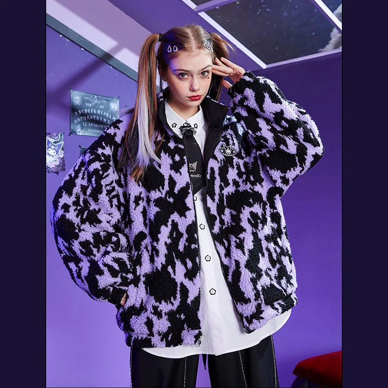 

Kawaii Sanrio Kuromi Двусторонняя пригодная для носки шерстяная флисовая модная куртка с леопардовым принтом Милая Красивая зимняя мягкая теплая ку...