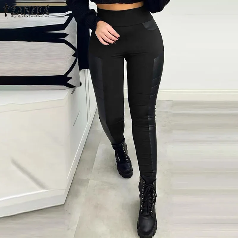 

Women Pencil PU Patchwork Pants ZANZEA 2022 Spring Female Elastic Waist Pants Oversized Casual Solid Skinny Pantalon Palazzo 7