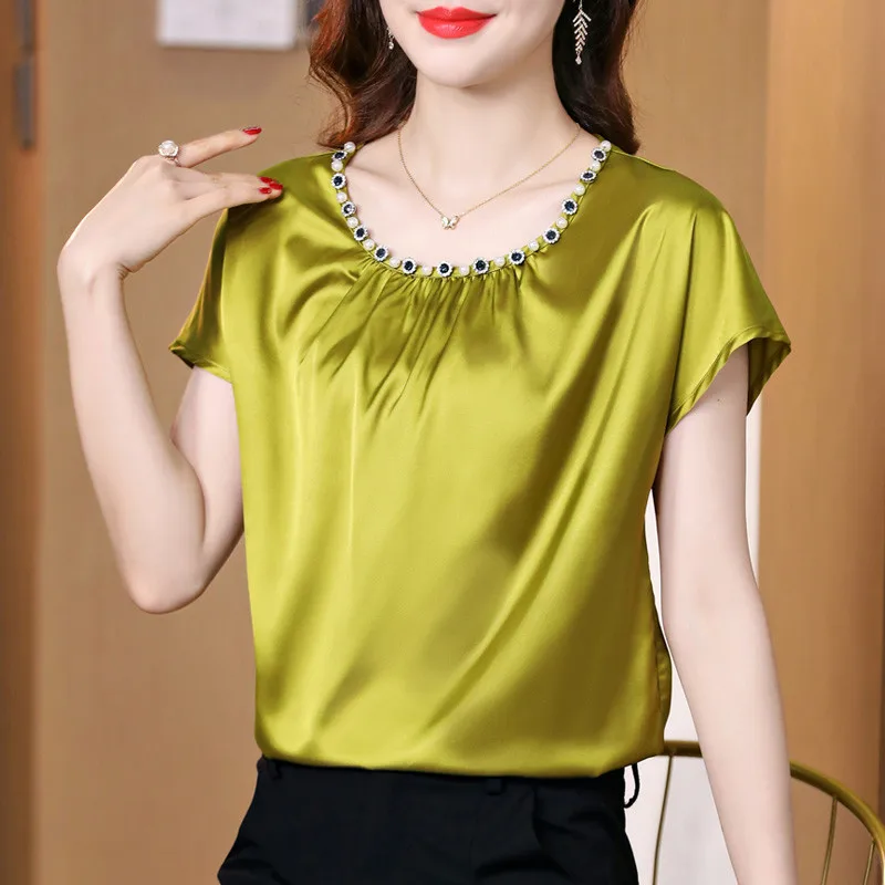 

Women Crew Neck Silk Satin Casual Beaded Pullover Pleated Loose Solid Plain Ladies Short Sleeve Basic T Shirt Blouse Top Tee