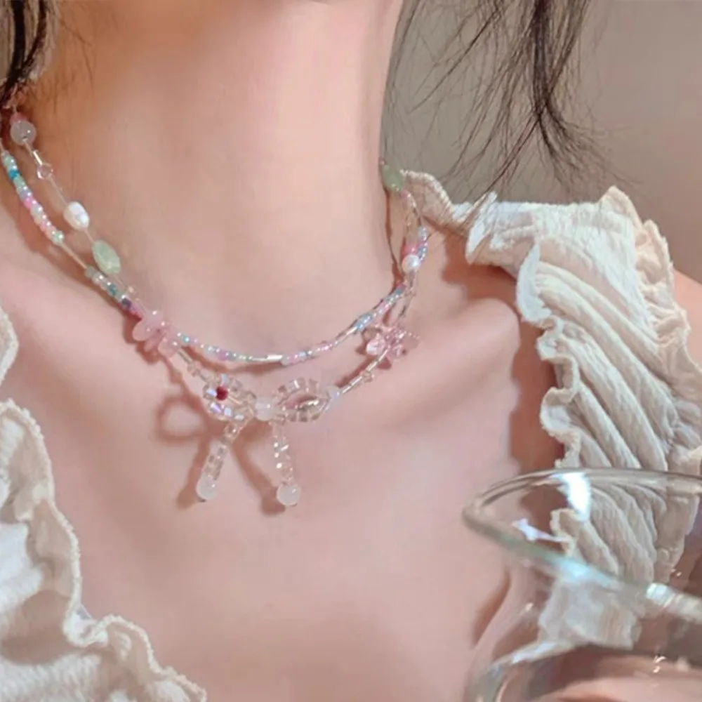 

1 pc Bohemian Vintage Color Beaded Flower Crystal Necklace Summer Beach Pendant for Women Bow Choker Jewelry Accessories