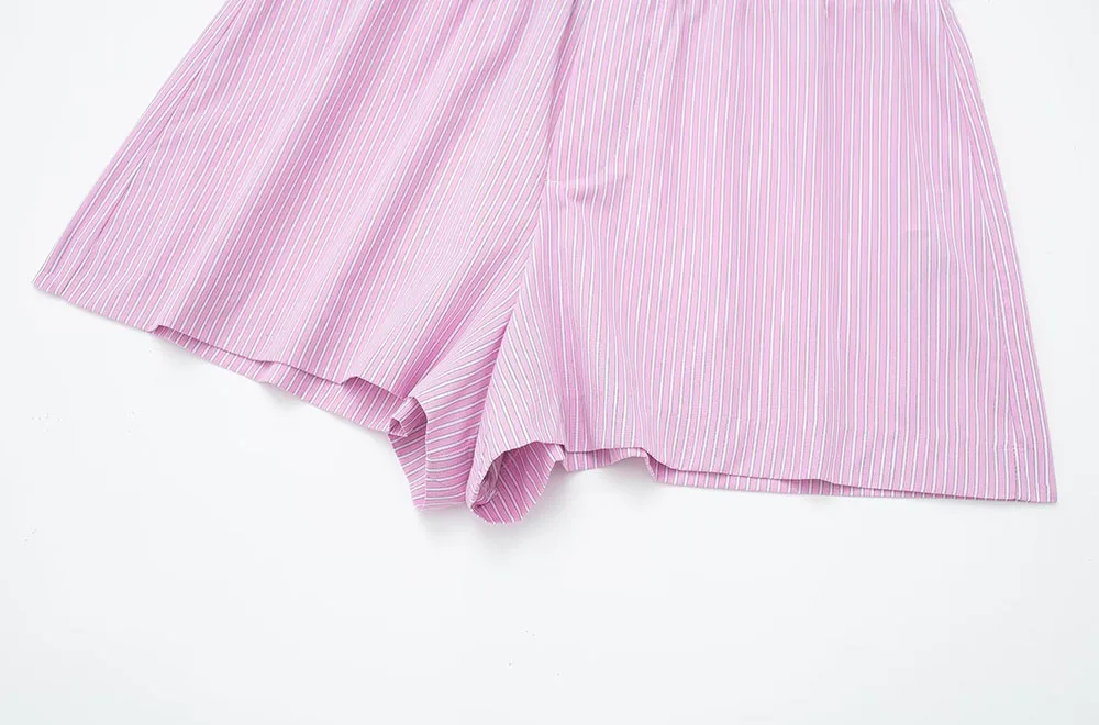 TRAF Women Fashion with Contrast Striped Shorts Vintage Mid Elastic Waist with Button Female Short Pants Mujer Casual Clothes