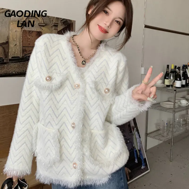 

GAODINGLAN Waterproof Mink Long Sleeve Gingham Women Jacket Winter Tassels Senior Cardigan Coat Versatile Big Pockets Outwear