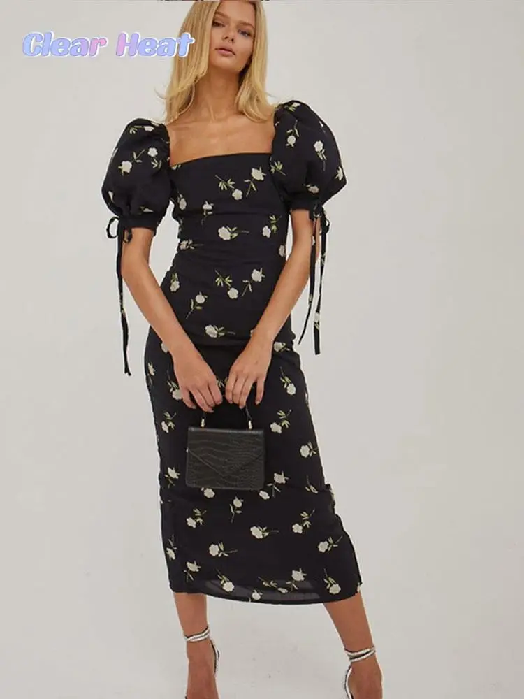 

Female Fashion Print Square Collar Midi Dress Elegant Chic Puff Short Sleeve Dresses 2023 Summer Women Vocation Party Robes