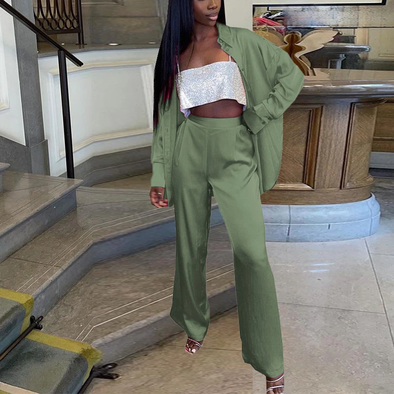 

Women Lapel Long Sleeve Shirt+Wide Leg Pants Office Suit Autumn Elegant Loose Streetwear Outfit Casual Satin Solid 2 Piece Sets