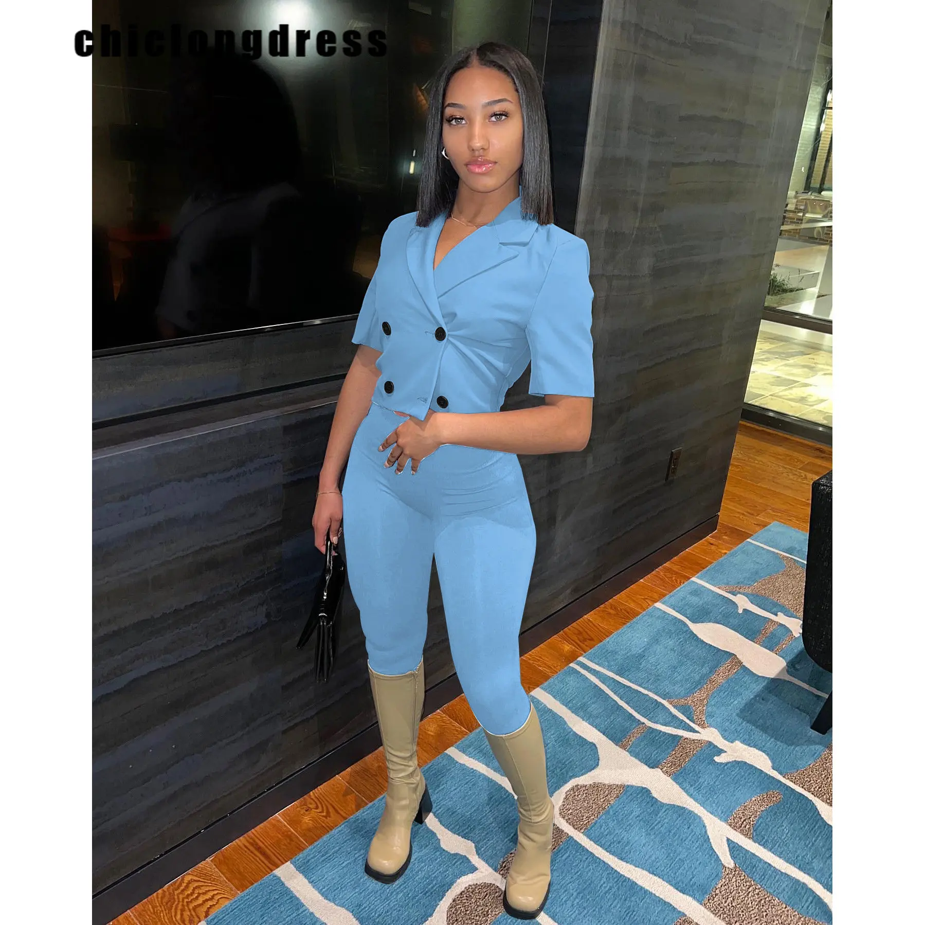 

Летний модный однотонный комплект из двух предметов, Женский Повседневный Топ на пуговицах, длинные брюки, костюм из двух предметов для жен...