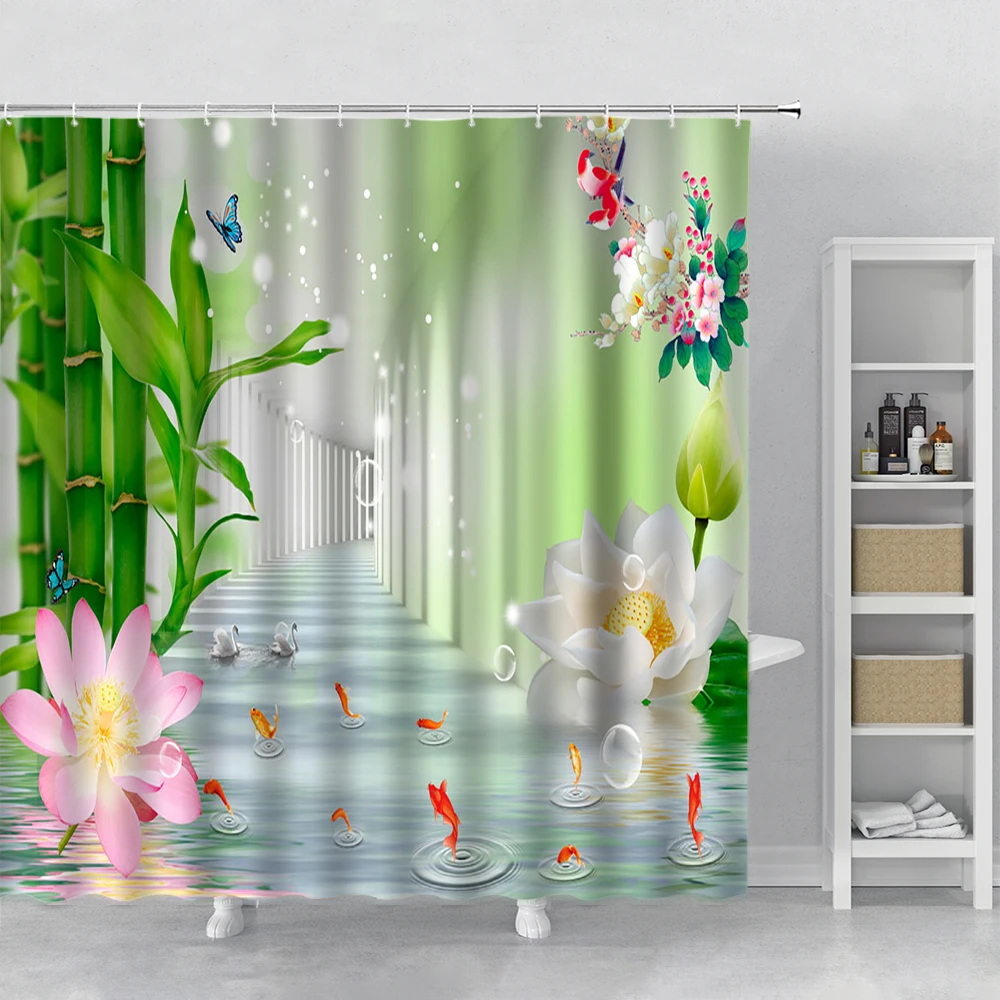 

Bamboo Shower Curtain 3D Channel Water Koi Zen Landscape Bathroom Curtain Set with Hook Washable Fabric Kitchen Curtains Machine