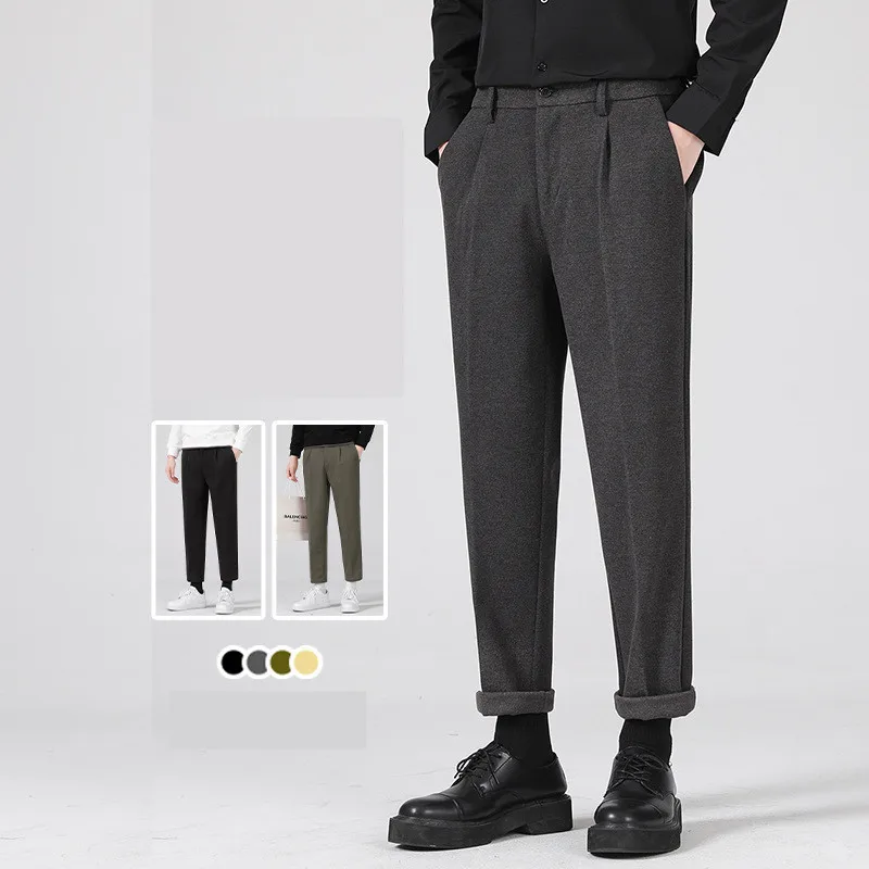Брюки мужские шерстяные, приталенные драпированные штаны, Молодежные деловые повседневные Прямые утепленные брюки в японском стиле, Костю... от AliExpress RU&CIS NEW
