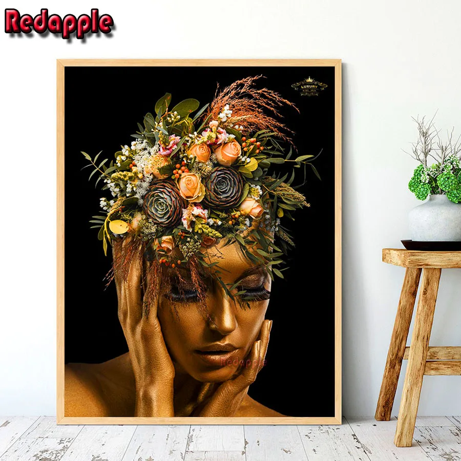

African Art Black & Gold Woman Head Flower Queen 5D Diamond Painting Full Square Drill Embroidery Sale Picture Rhinestone Decor