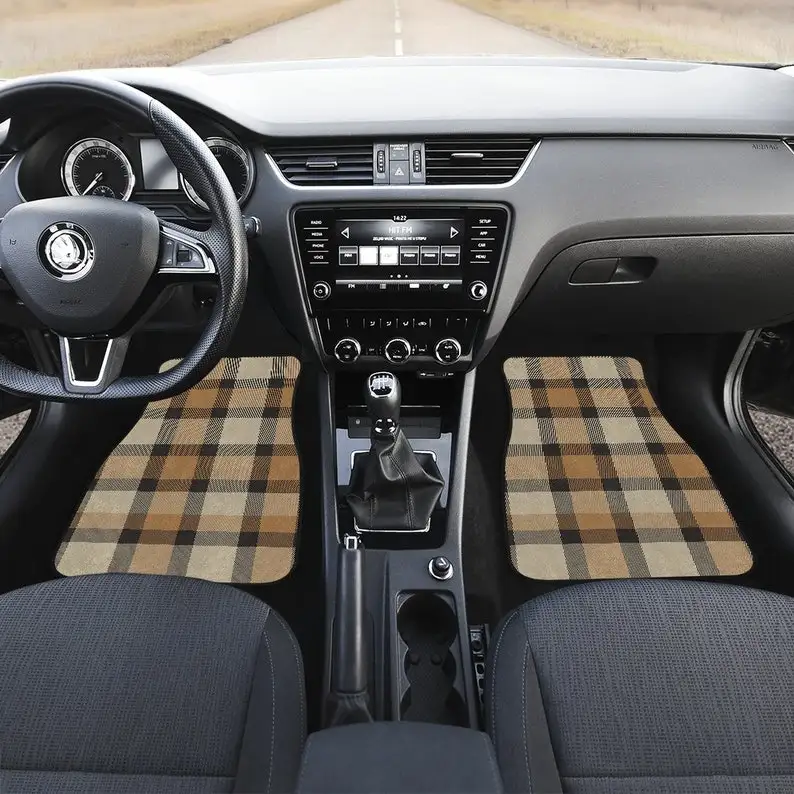 Brown Beige Plaid Car Floor Mats Set, Front and Back Floor Mats for Car, Car Accessories