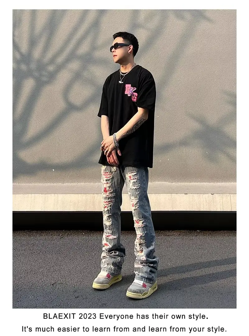 y2k Men Jeans High Street Washed Cat Beard Harlan Patch Jeans for Men Worn Out Slim Fit Slim Feet Men's Pants Jeans Streetwear
