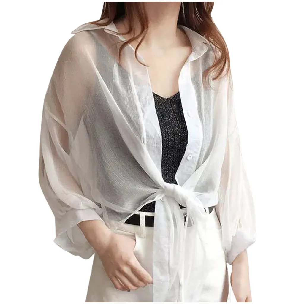 

Fashion Women Chiffon Turn-down Collar Solid Short Sleeve Shirt Tops Sun protection clothing Lightweight and Breathable
