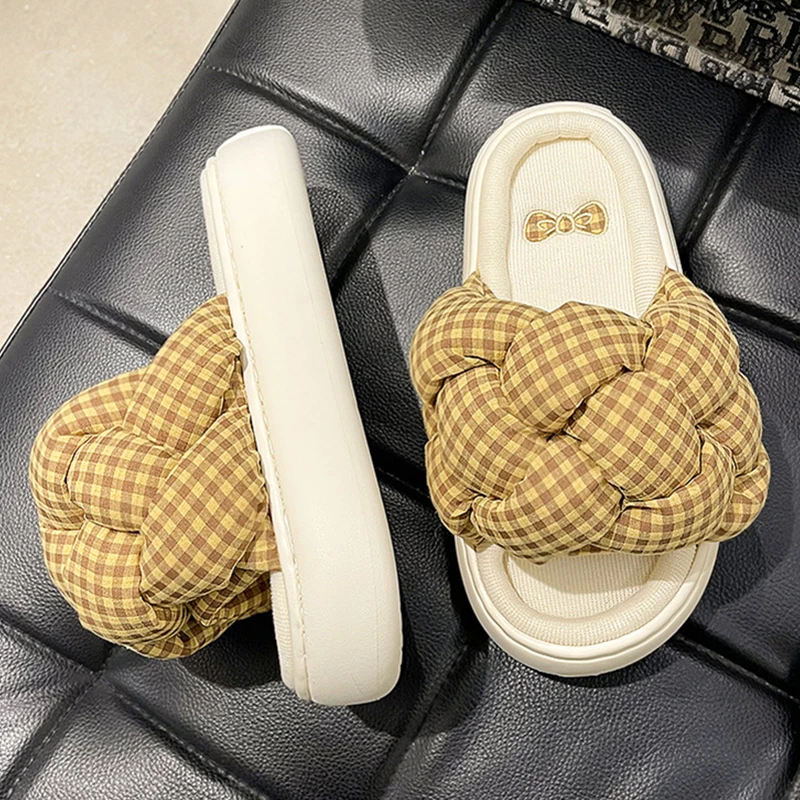 

Striped Plaid Pattern Twist Design Women's Slippers Thick Sole Soft Comfortable Non-Slip Linen Indoor Outdoor Couple Slippers